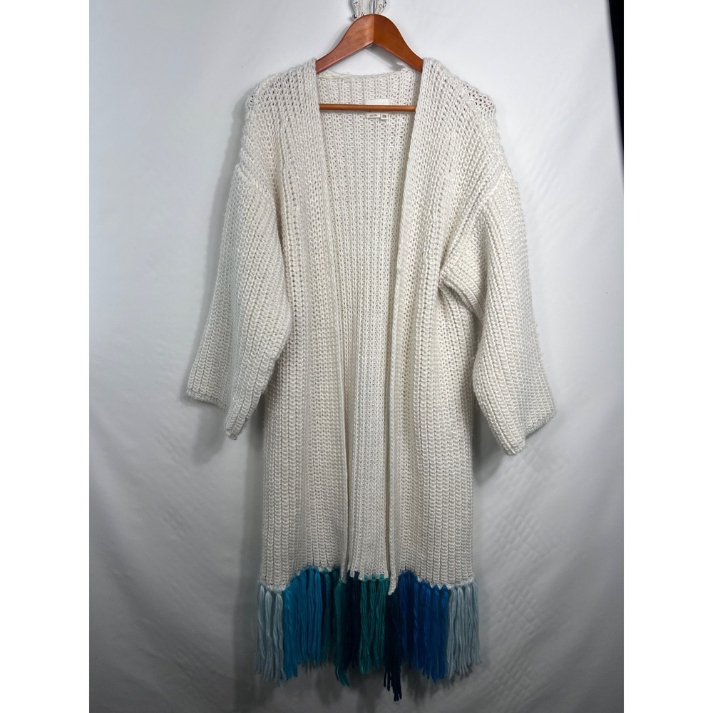ANTHROPOLOGIE Long Cardigan‎ Sweater Cream w Blue Ombre Fringe Size OS Boho - Picture 6 of 16